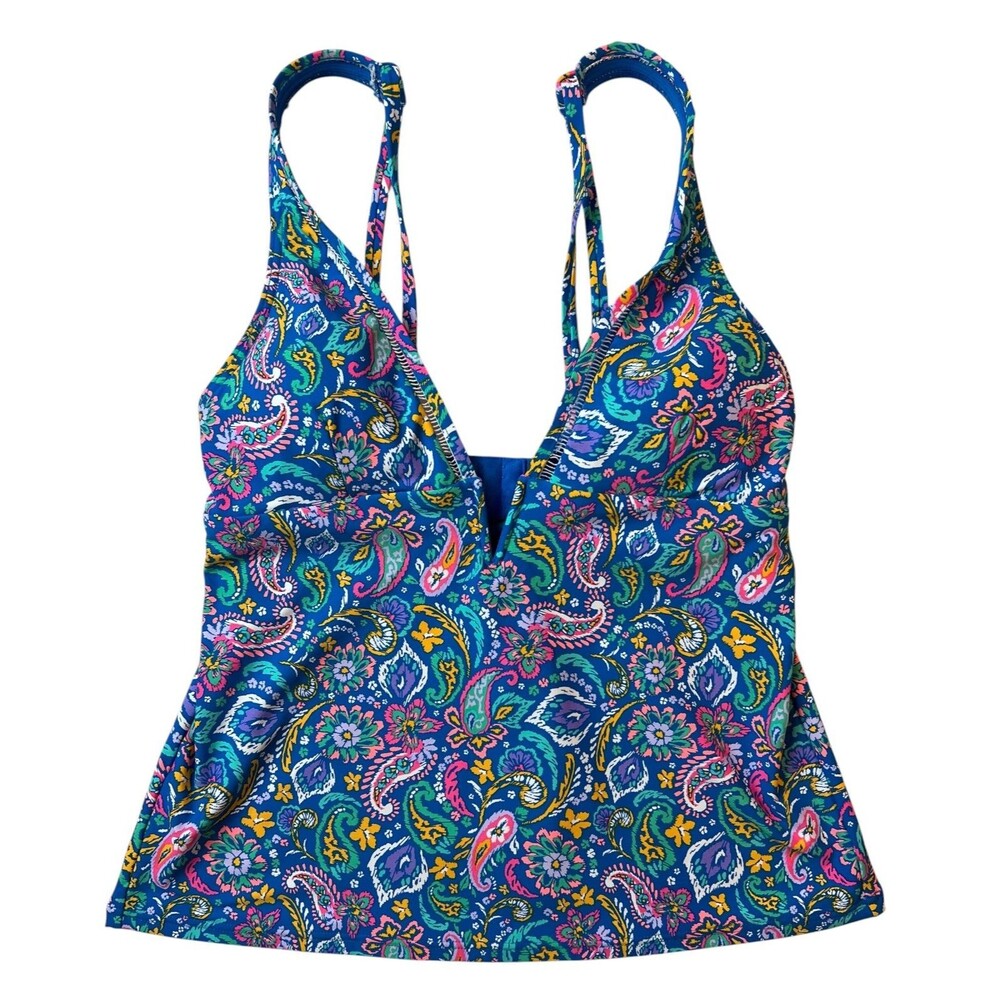 Sunsets 815T Deep V-Neck Blue Paisley Tankini Swim Top  Size M  Recycled Nylon